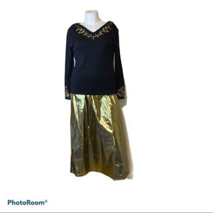 Vintage L'eau Vive knit embroidered shirt‎ with metallic gold maxi lined skirt